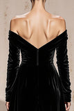 Black Off the Shoulder Sheath Velvet Long Sleeves Holiday Party Dress