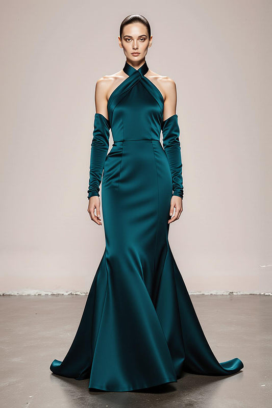 Peacock Green Halter Satin Mermaid Long Formal Dress