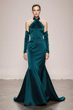 Peacock Green Halter Satin Mermaid Long Formal Dress