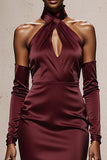 Burgundy Satin Halter Mermaid Long Formal Dress with Sleeves