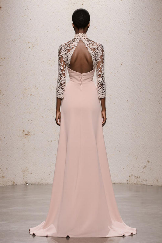 Simple Light Pink High Neck Long Formal Dress with Lace