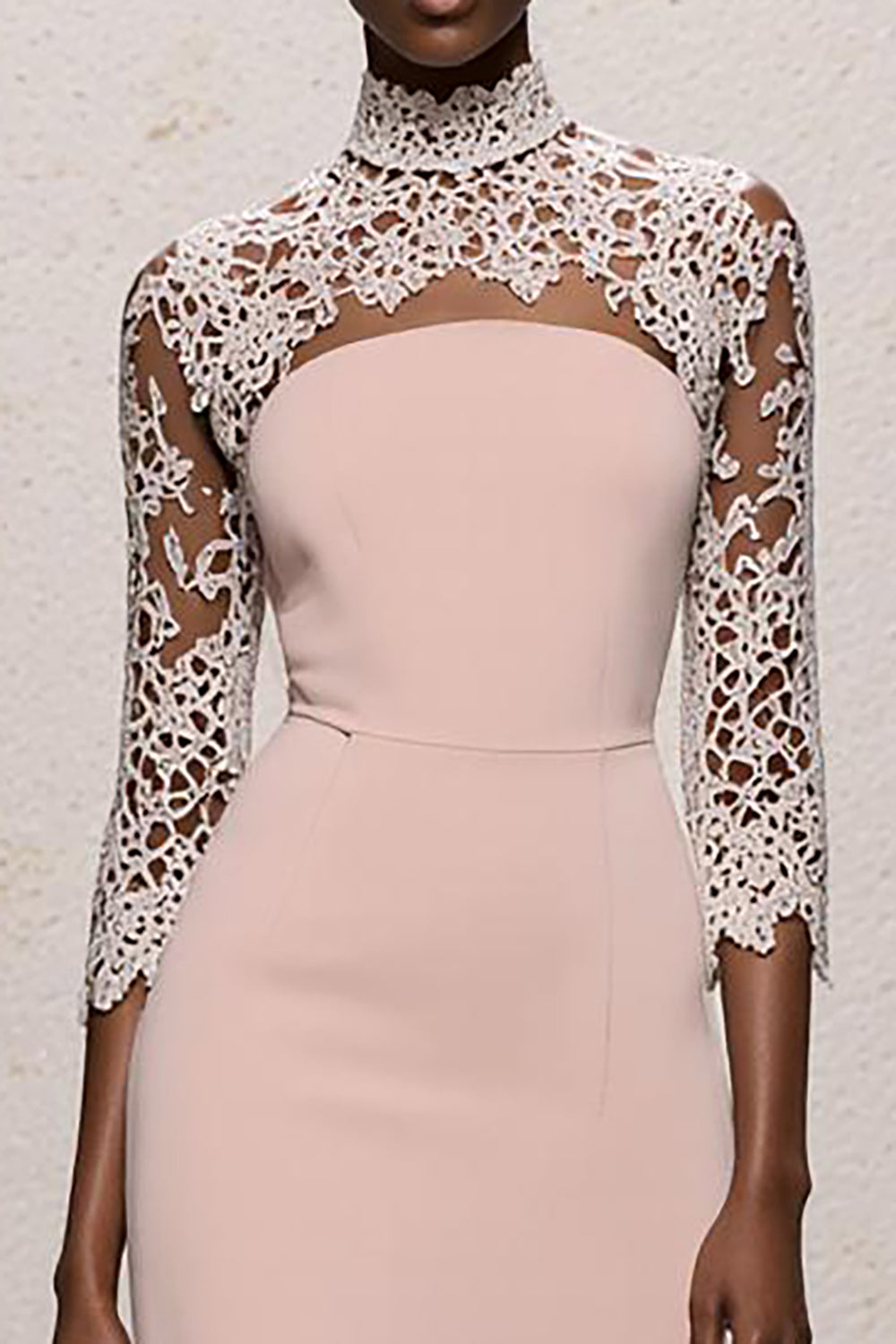Zapakasa Women Simple Light Pink Long Formal Dress with Lace High Neck
