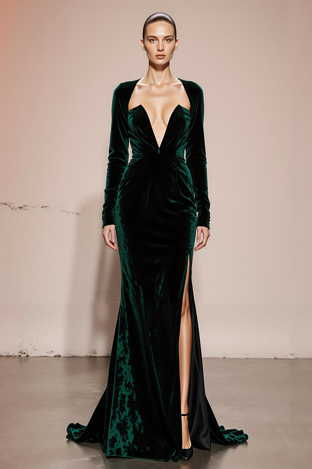 Zapakasa Women Dark Green Velvet Long Sleeves Formal Dress with Slit