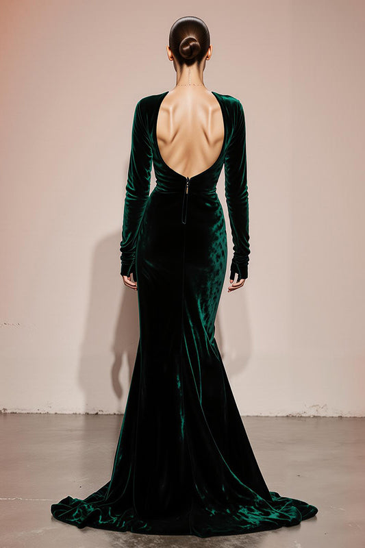 Dark Green Velvet Mermaid Long Sleeves Formal Dress with Slit