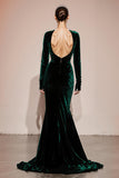 Dark Green Velvet Mermaid Long Sleeves Formal Dress with Slit