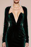 Dark Green Velvet Mermaid Long Sleeves Formal Dress with Slit