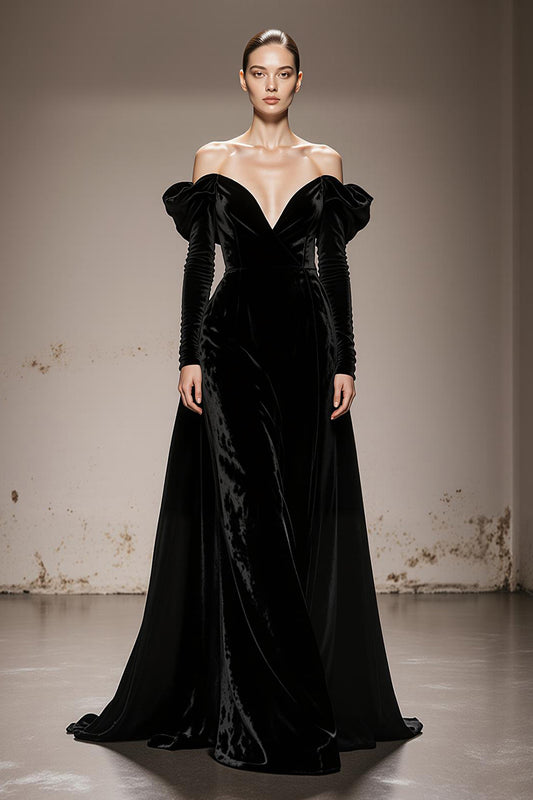 Black Off the Shoulder Velvet A Line Long Formal Dress with Sleeves