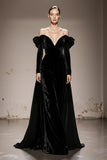 Black Off the Shoulder Velvet A Line Long Formal Dress with Sleeves