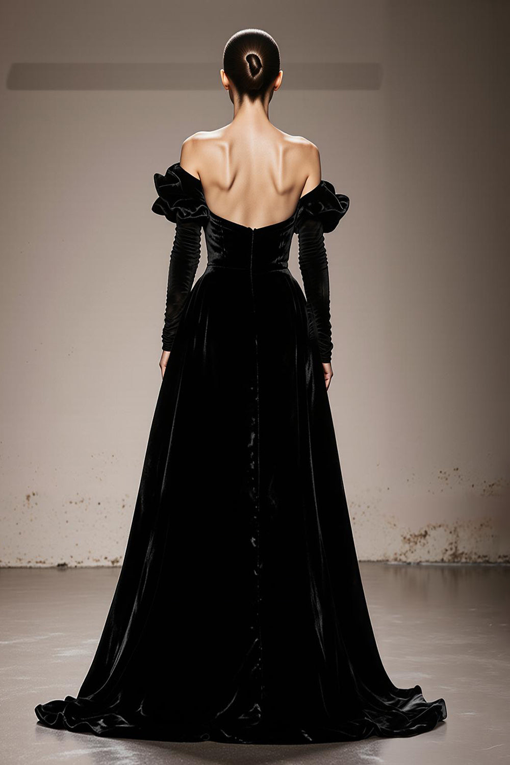 Black Off the Shoulder Velvet A Line Long Formal Dress with Sleeves