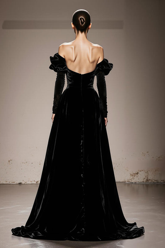 Black Off the Shoulder Velvet A Line Long Formal Dress with Sleeves