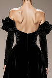 Black Off the Shoulder Velvet A Line Long Formal Dress with Sleeves