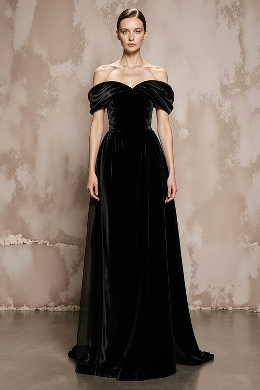 Black A Line Velvet Off the Shoulder Long Formal Dress