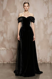 Black A Line Velvet Off the Shoulder Long Formal Dress