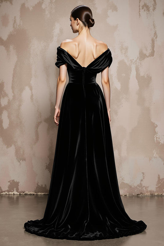 Black A Line Velvet Off the Shoulder Long Formal Dress