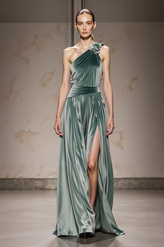 Mint Green Velvet One Shoulder Long Formal Dress with Slit