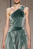 Mint Green Velvet One Shoulder Long Formal Dress with Slit