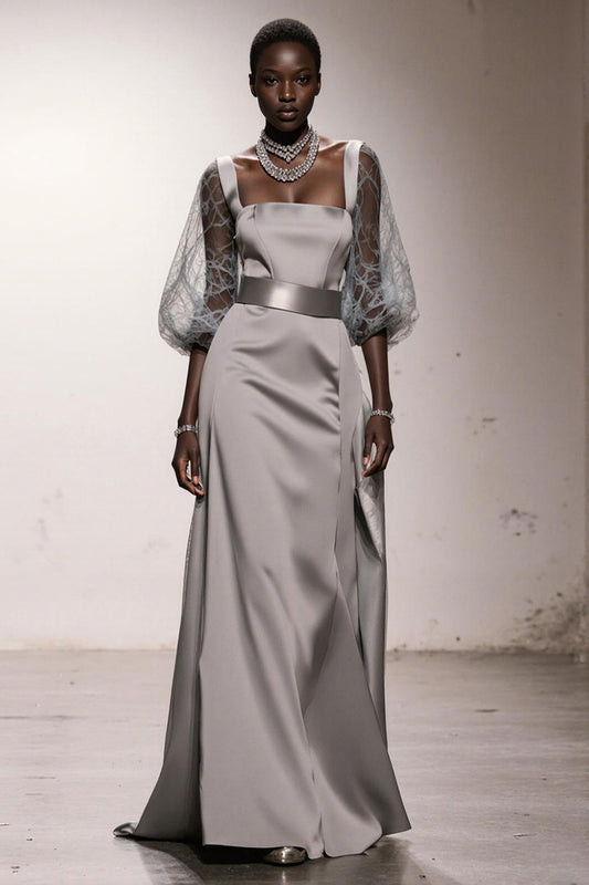 Simple Silver Sheath Long Formal Dress with Sleeves