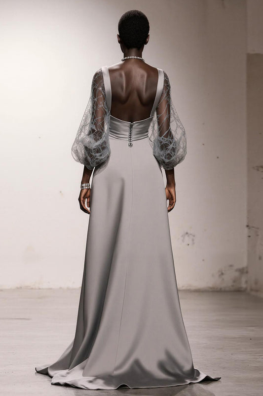 Simple Silver Sheath Long Formal Dress with Sleeves
