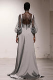 Simple Silver Sheath Long Formal Dress with Sleeves