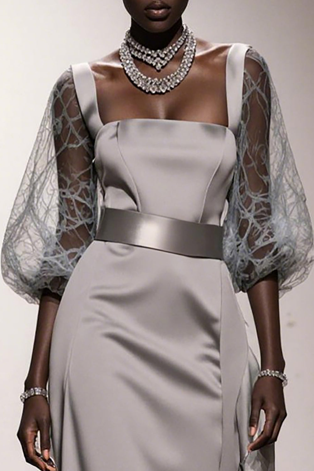 Simple Silver Sheath Long Formal Dress with Sleeves