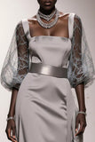 Simple Silver Sheath Long Formal Dress with Sleeves