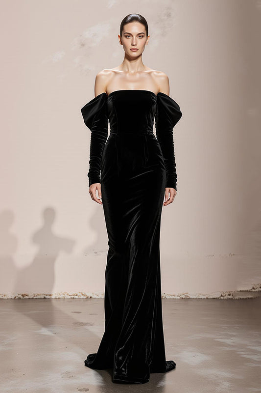 Black Mermaid Velvet Off the Shoulder Long Formal Dress with Sleeves