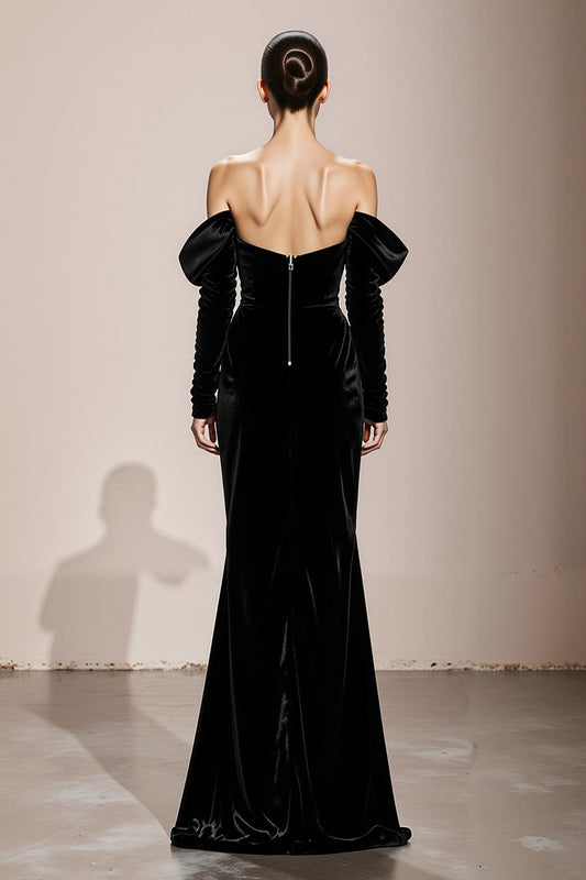 Black Mermaid Velvet Off the Shoulder Long Formal Dress with Sleeves