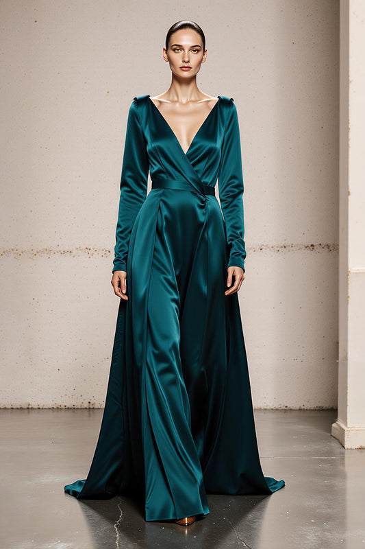 Peacock Green V-Neck Satin A Line Long Formal Dress with Sleeves