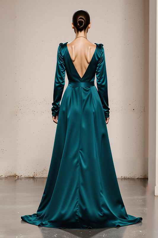 Peacock Green V-Neck Satin A Line Long Formal Dress with Sleeves