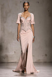 Sparkly Light Pink Mermaid Beaded Long Formal Dress with Slit