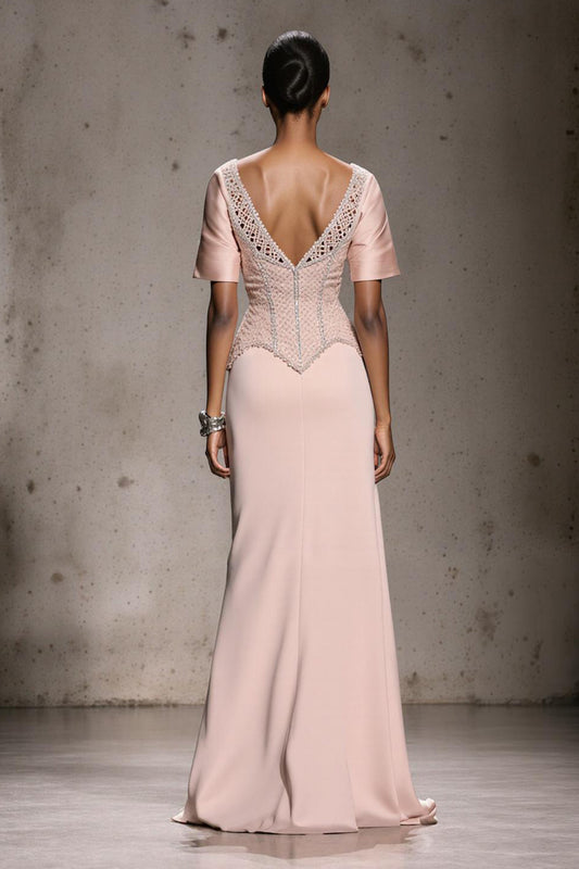Sparkly Light Pink Mermaid Beaded Long Formal Dress with Slit