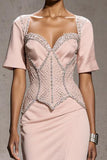 Sparkly Light Pink Mermaid Beaded Long Formal Dress with Slit