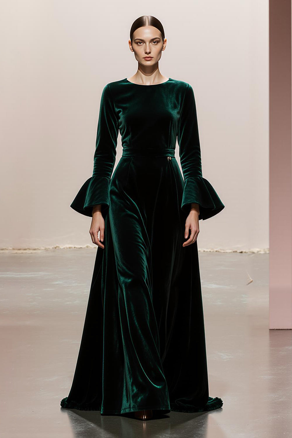 Zapakasa Women Dark Green Velvet Long Formal Dress with Sleeves Round