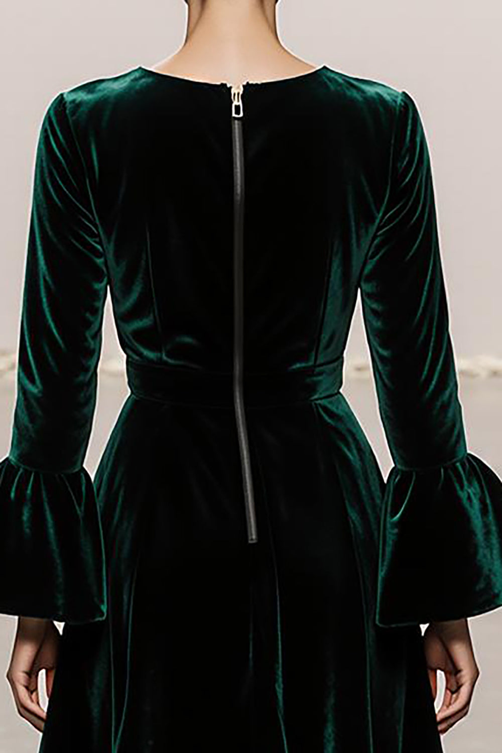 Dark Green Round Neck Velvet A Line Long Formal Dress with Sleeves