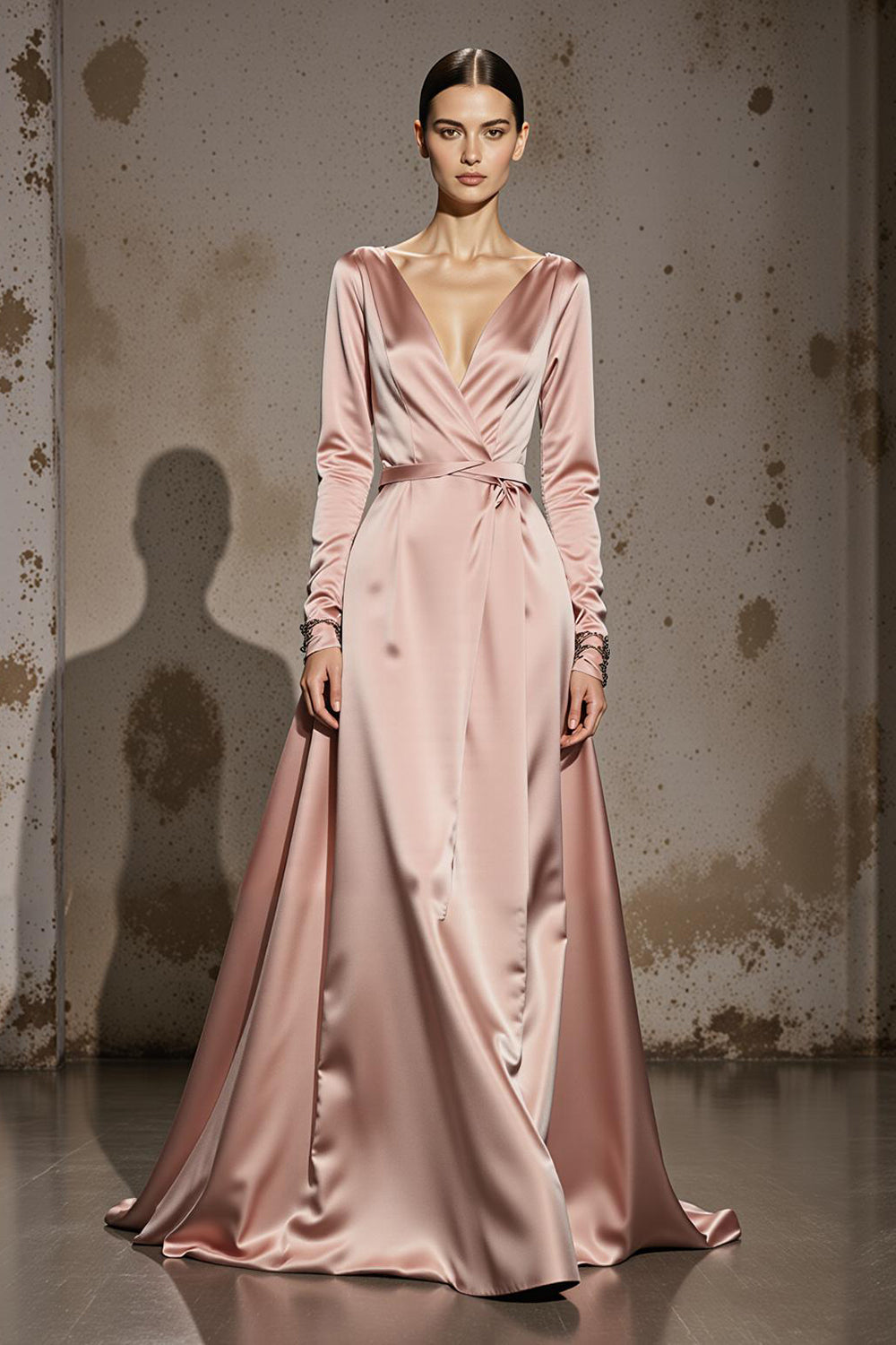 Zapakasa Women Light Pink Satin Long Formal Dress with Sleeves A Line V