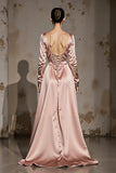 Light Pink Satin A Line V-Neck Long Formal Dress with Sleeves