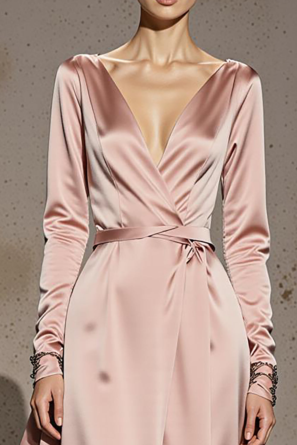Zapakasa Women Light Pink Satin Long Formal Dress with Sleeves A Line V