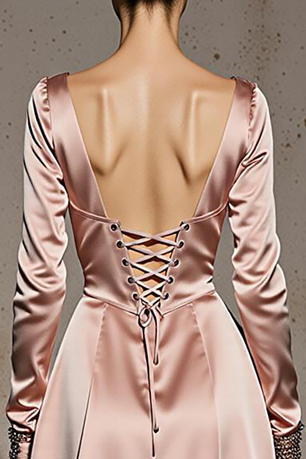 Zapakasa Women Light Pink Satin Long Formal Dress with Sleeves A Line V-Neck Lace Up Back Evening Dress Zapakasa Women Light Pink Satin Long Formal Dress with Sleeves A Line V-Neck Lace Up Back Evening Dress
