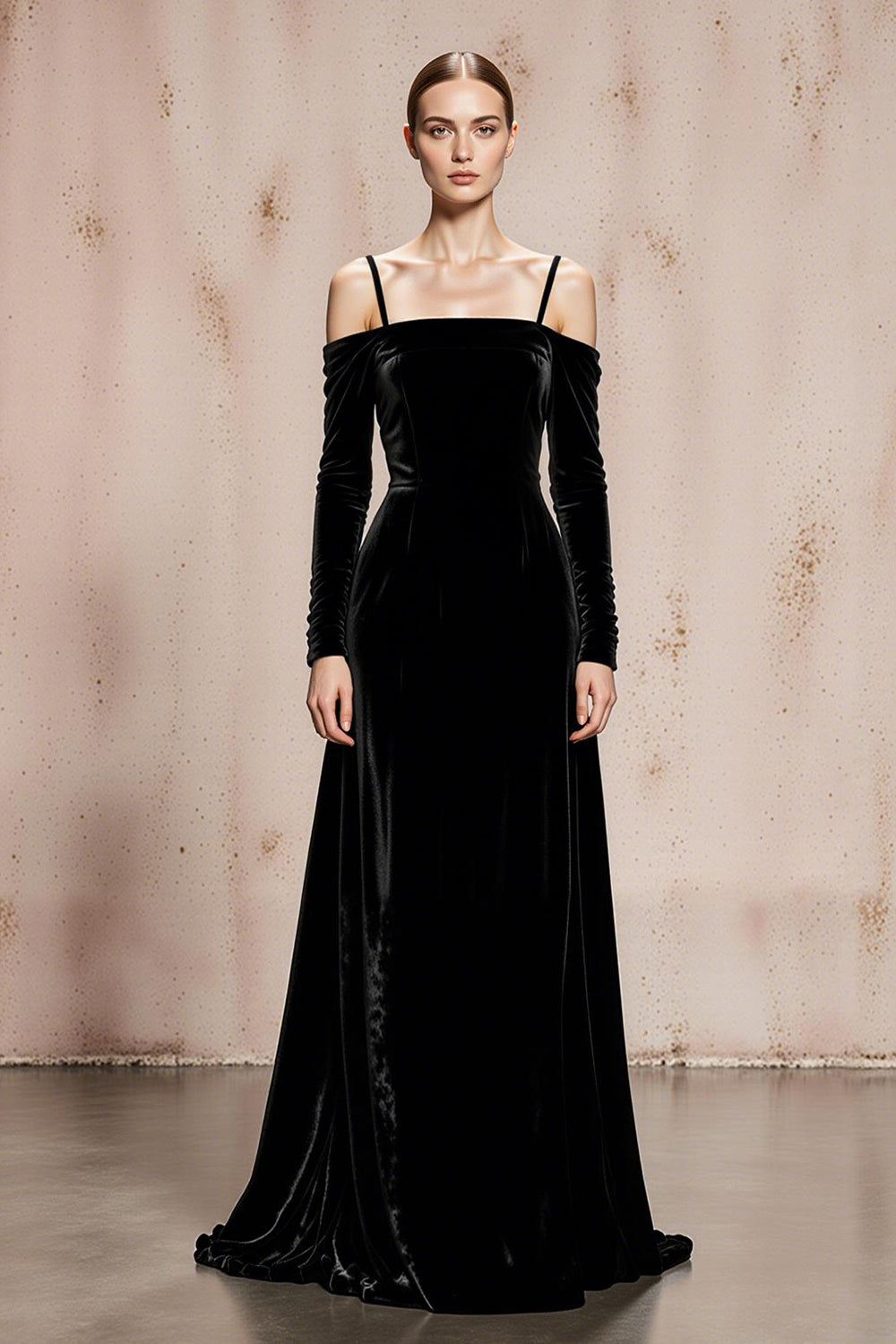 Black Cold Shoulder Velvet Long Formal Dress with Sleeves