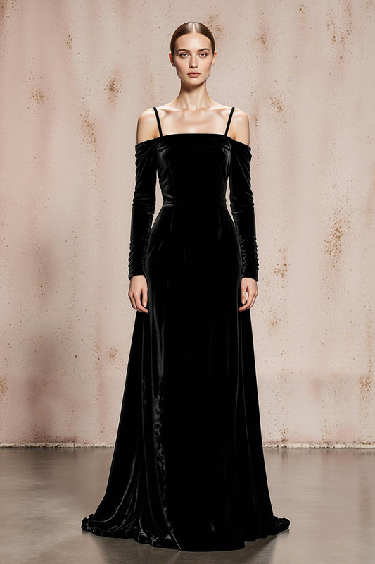 Black Cold Shoulder Velvet Long Formal Dress with Sleeves