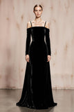 Black Cold Shoulder Velvet Long Formal Dress with Sleeves