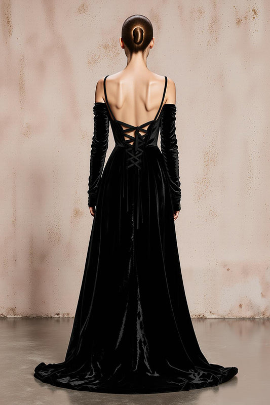 Black Cold Shoulder Velvet Long Formal Dress with Sleeves