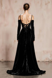 Black Cold Shoulder Velvet Long Formal Dress with Sleeves