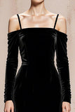 Black Cold Shoulder Velvet Long Formal Dress with Sleeves