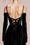 Black Cold Shoulder Velvet Long Formal Dress with Sleeves