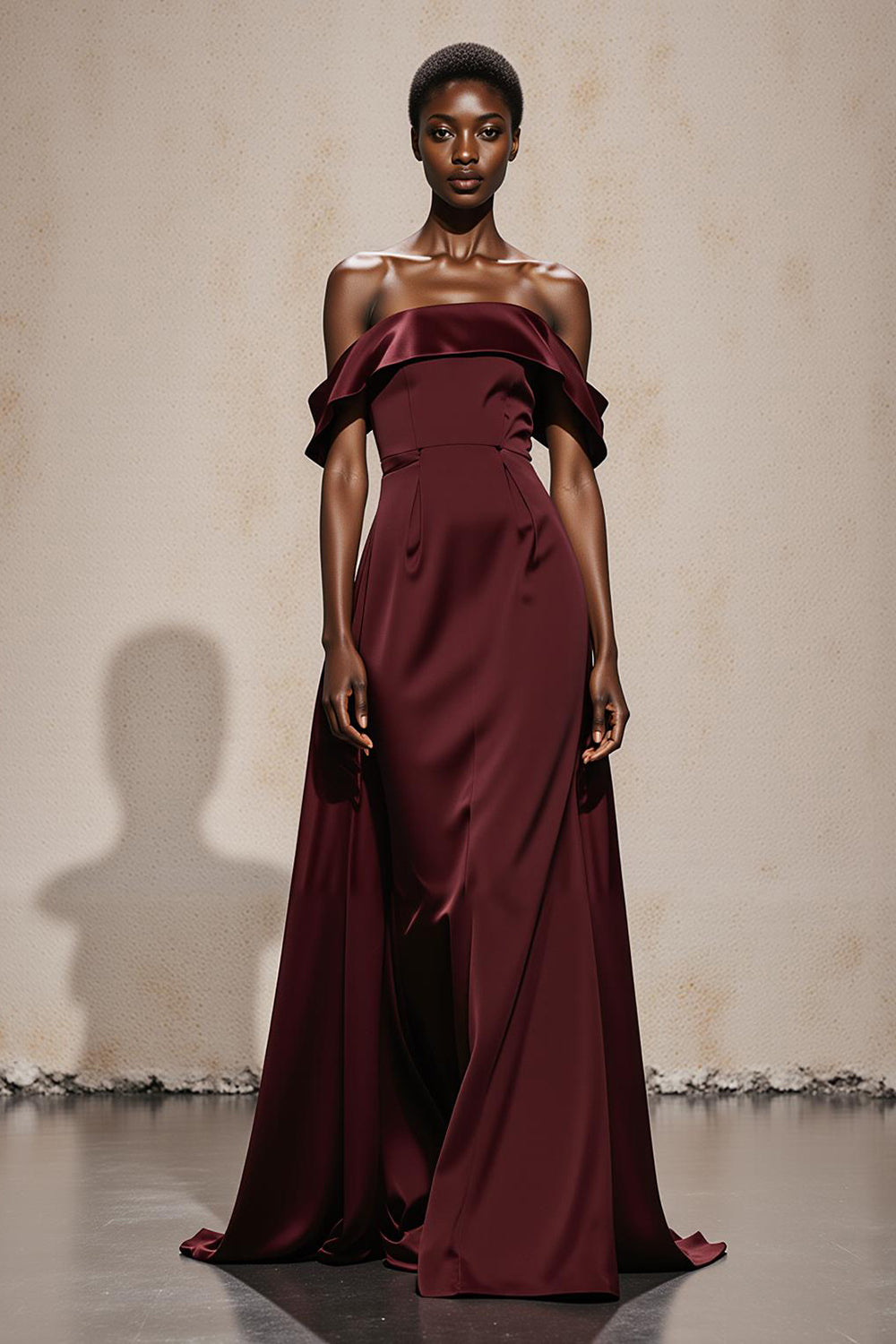 Zapakasa Women Burgundy Satin Long Formal Dress Off the Shoulder A Line