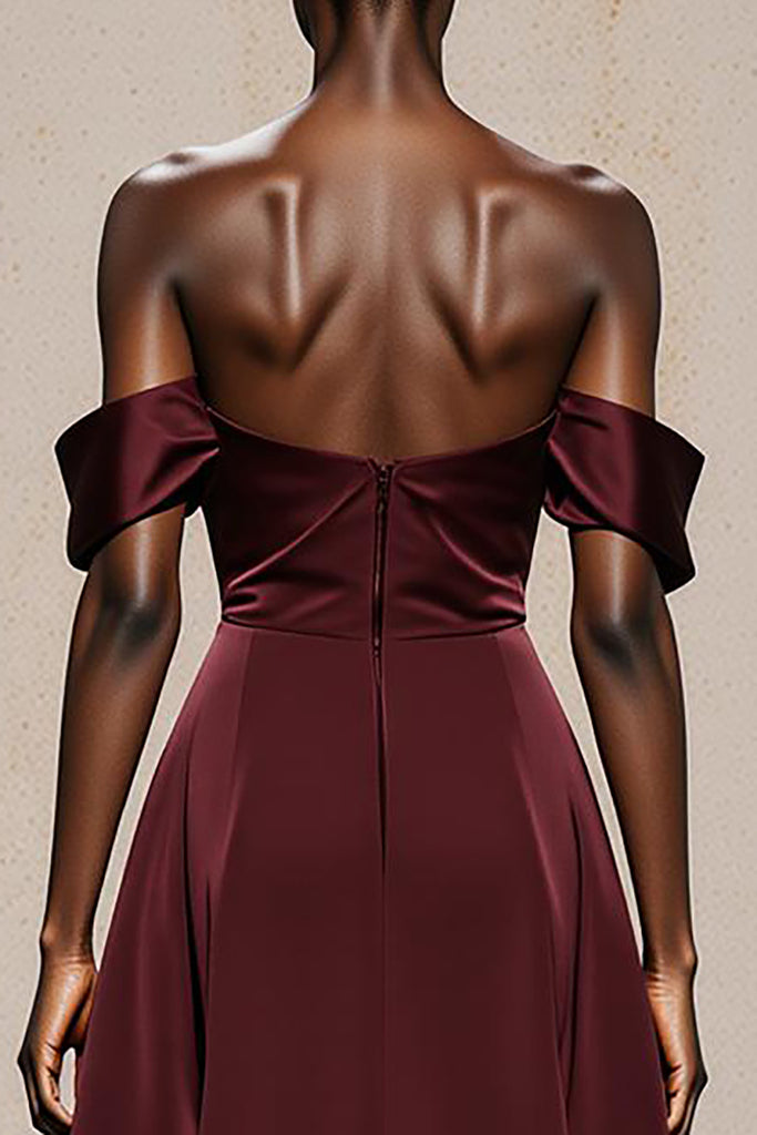 Zapakasa Women Burgundy Satin Long Formal Dress Off the Shoulder A Line