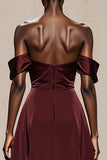 Burgundy Off the Shoulder Satin A Line Long Formal Dress