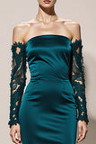 Peacock Green Satin Mermaid Off the Shoulder Long Formal Dress with Lace