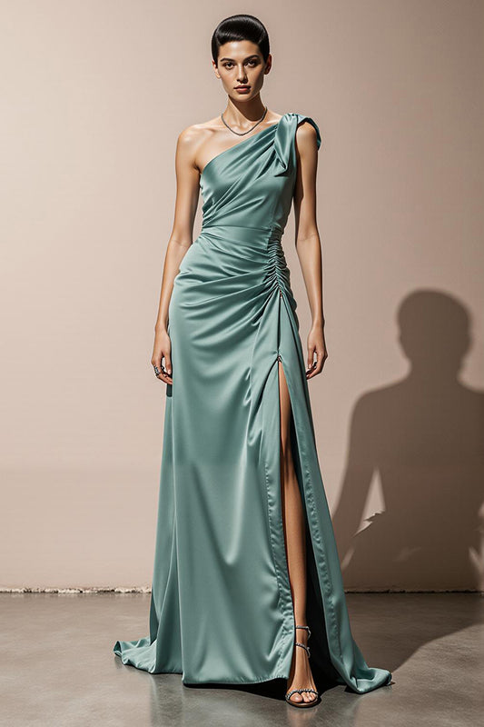 Mint Green Satin Sheath One Shoulder Long Formal Dress with Slit